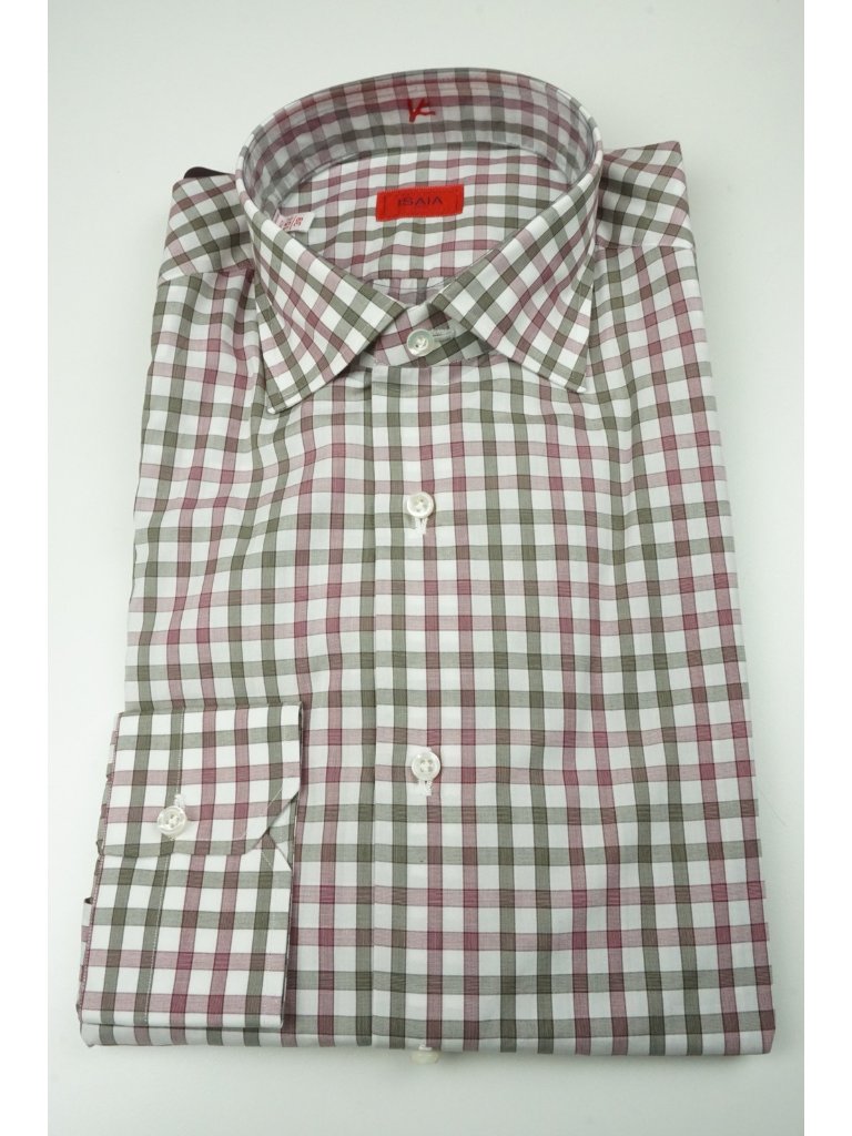Isaia Red Brown White Plaid Long Sleeve Cotton Dress Shirt 15.5/39 New